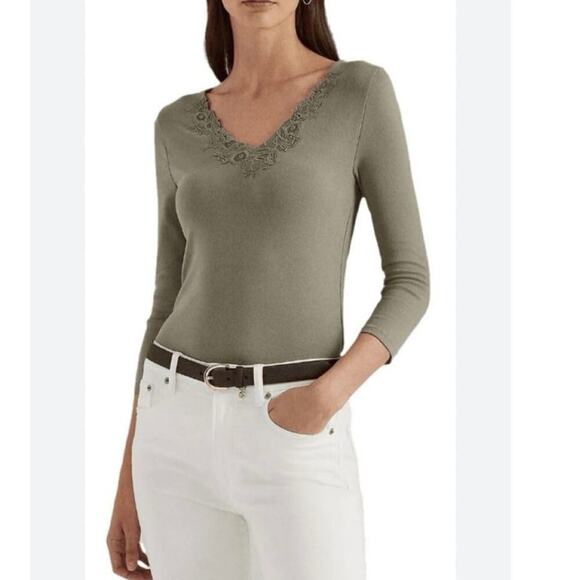 Lauren Ralph Lauren Women's Sz L Lace-Trim V-neck Stretch Cotton Top Green NWT - Picture 9 of 11